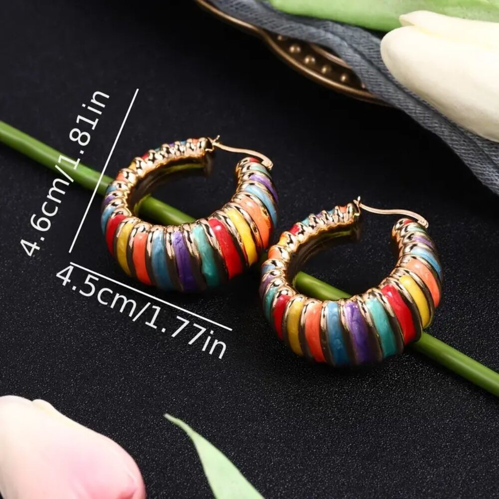 Large multicolor enamel hoop earrings yellow goldtone NEW - Picture 3 of 4